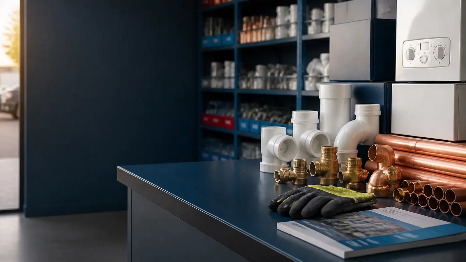 Plumbing fittings, pipework and boiler components arranged at a trade supply counter